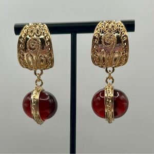 Elegant Carved Arabesque Gold W/ Merlot Red Stone Dangle Earrings